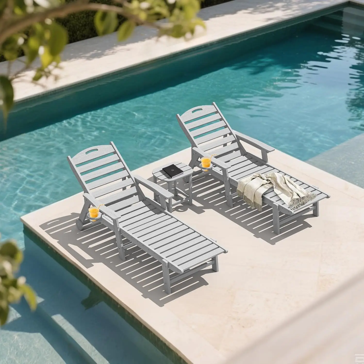 Oversized Patio Chaise Lounge, 5 Positions Adjustable HDPE Outdoor Lounge Chair with Rolling Wheels & Cup, Customized