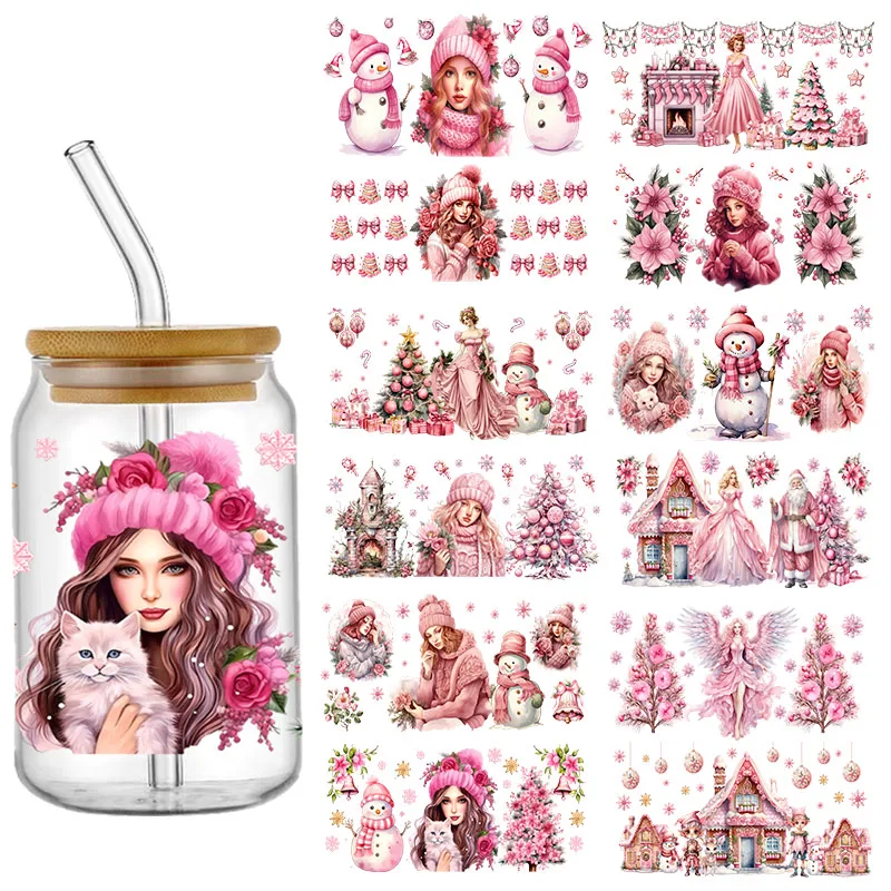 DIY Christmas Pink Girl UV DTF  Wraps Transfer Sticker For 16OZ Cup Glass bottle Can Bottle Selfadhesive Washable Santa Claus