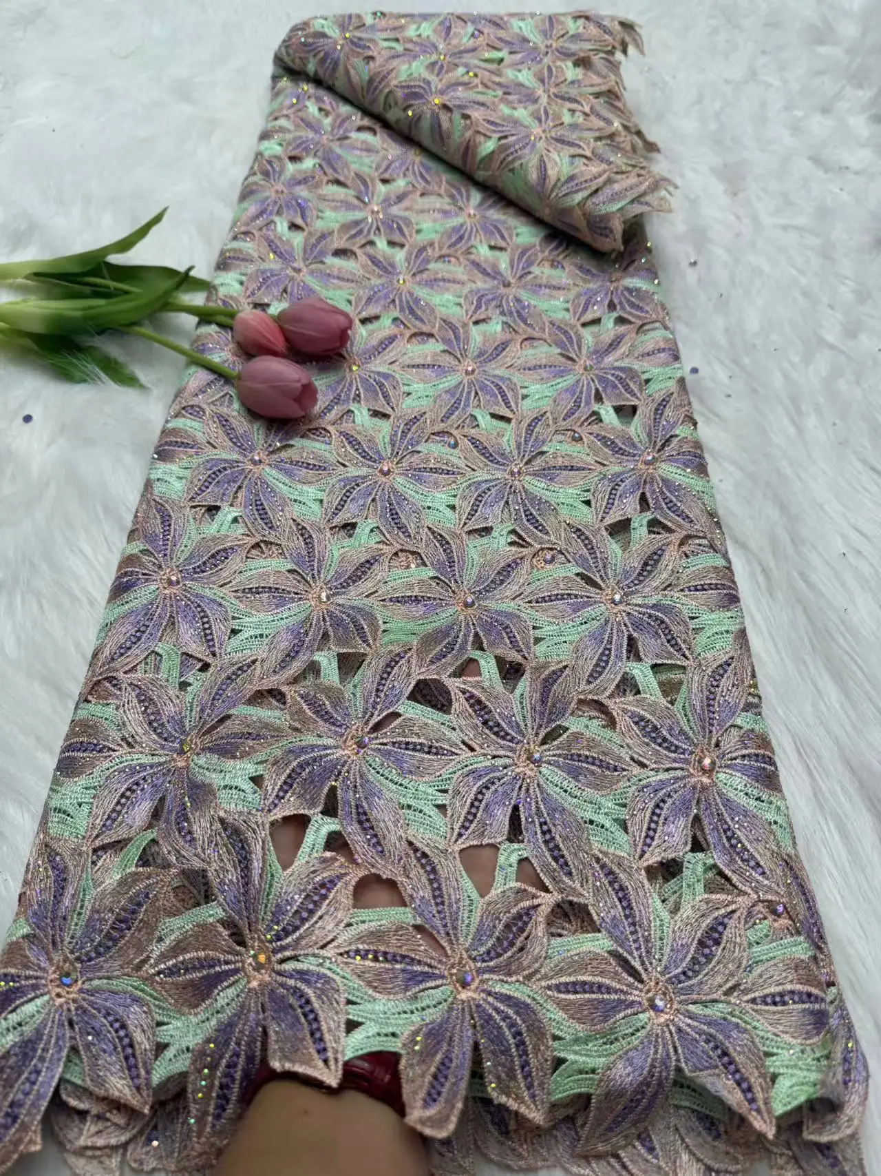 Guipure lace fabric 2026 Nigerian Stones Lace Fabric Heavy Hand Beaded Luxury French Embroidery for Wedding Latest Style