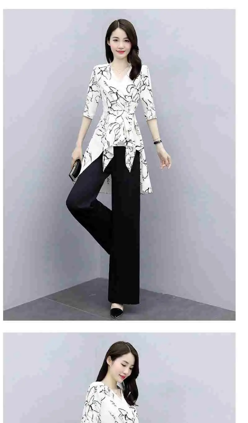 Damen-Freizeitanzug, Sommer, neues zweiteiliges Set, 2025, modisch, weites Bein, lange Hose, halbe Ärmel, Oberteil, koreanischer Stil, bedruckt, Büro-Outfits – Detail 7