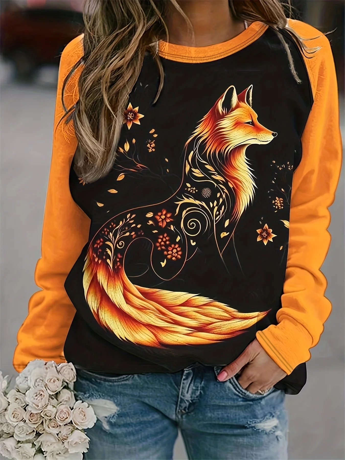 Women\'s 2024 sleeves stitching fox print round neck long sleeve party autumn casual pullover 3d printing casual fashion tops