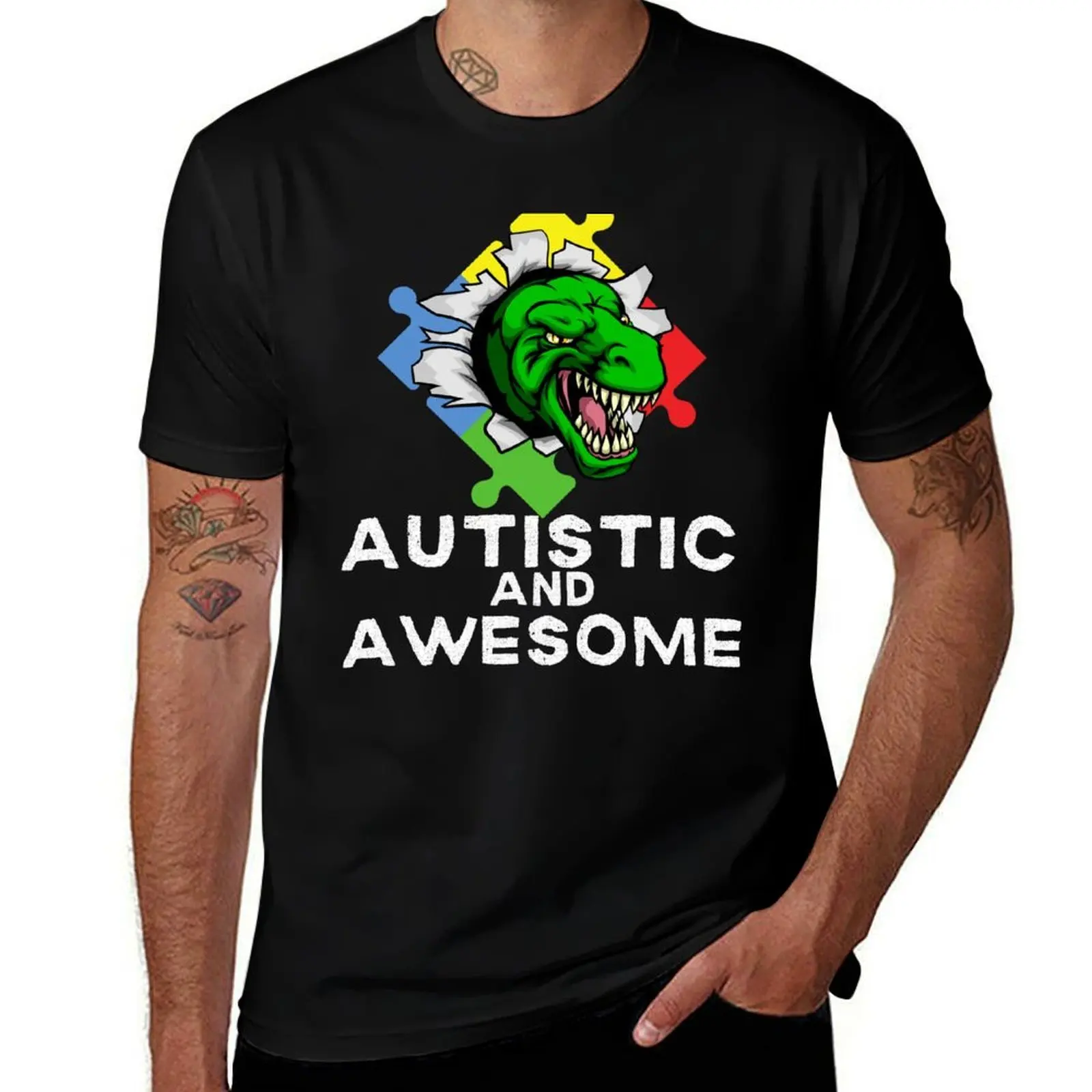 

Autistic and Awesome Dinosaur T-Shirt men t shirt cotton 100% t shirt man casual man t shirts cotton T-shirt