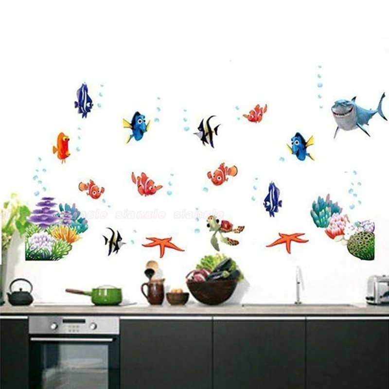 Cute Sea Star Nemo Fish Turtle Shark Vinyl Wall Stickers Home Decoration for Kids Room Kitchen Bathroom Tile Seabed Anime Poster