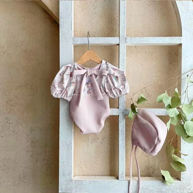 Цельный купальник с пышными рукавами для маленькой девочки, мягкий шелковый купальник для маленьких девочек, розовые купальники с бесплатной шапкой для купальника