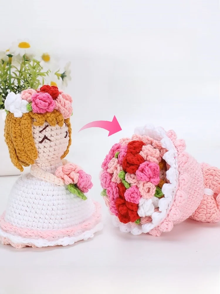 

Hand Knitted Doll Material Kit DIY Wedding Bride Bouquet Holder Yarn Toys Knitting Crt Kit ex Crochet Project Bundle