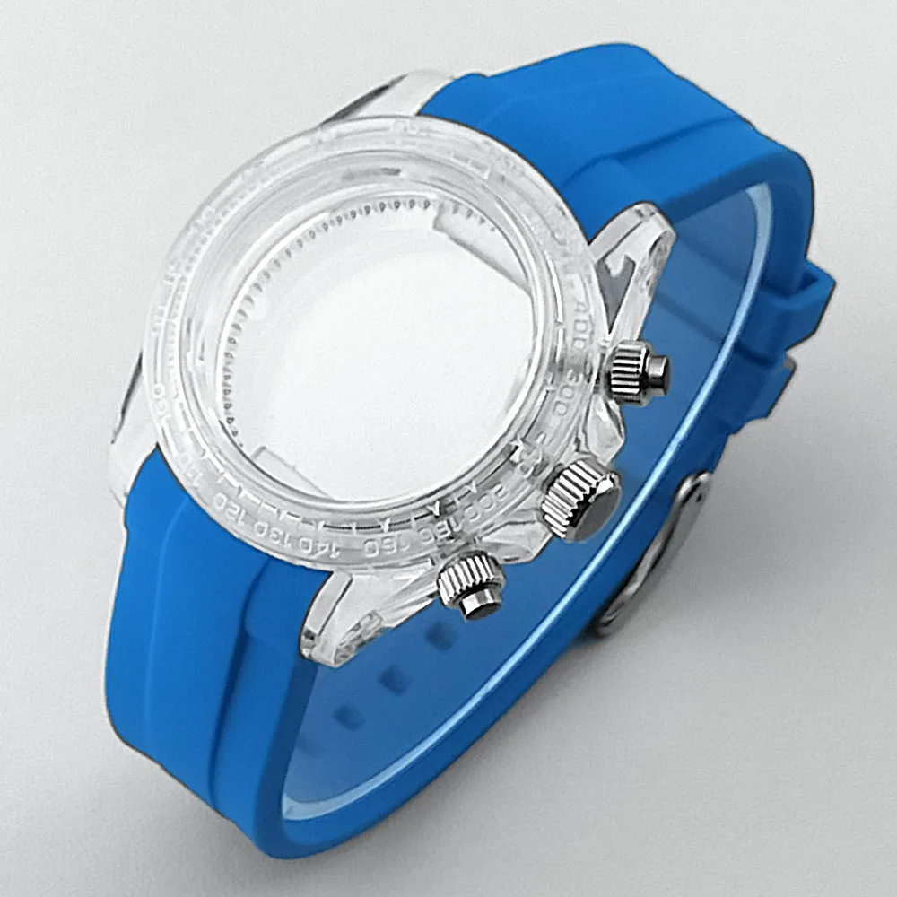 39,5mm Herren-Uhrengehäuse aus Acryl, transparent, geeignet für VK63, mit schwarzem, blauem, grünem, weißem Armband, Uhrenteile und Zubehör – Detail 11