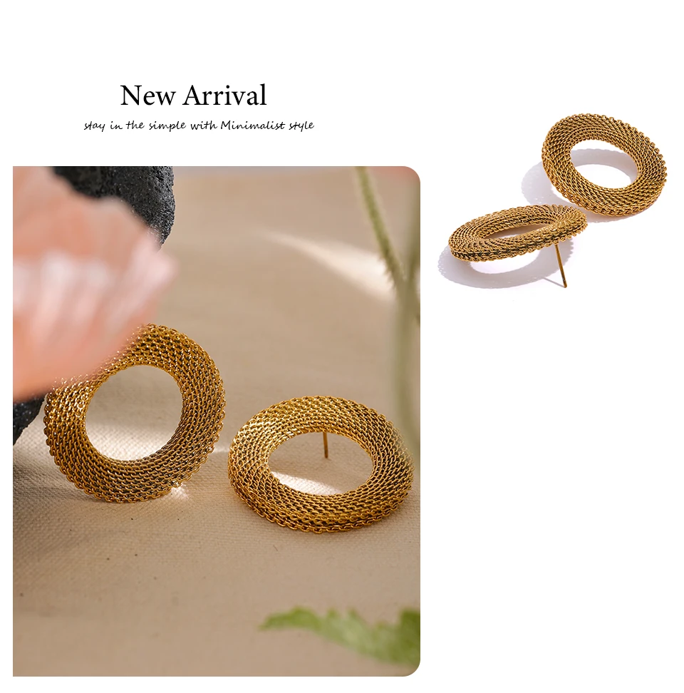 Yhpup 37mm Rostfrei Edelstahl Runde Hohl Große Ohrstecker Frauen Charme Metall Textur Aussage Gold Farbe Schmuck Neu – Detail 10
