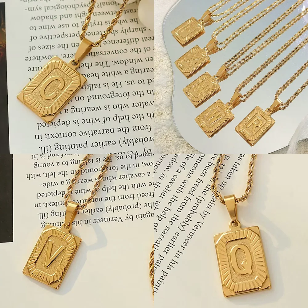 

A-Z Alphabet Hang Tag Necklace Women Mans Initials Square Letter Gold Silver Medal Pendant Copper Chain Choker Jewelry Wholesale