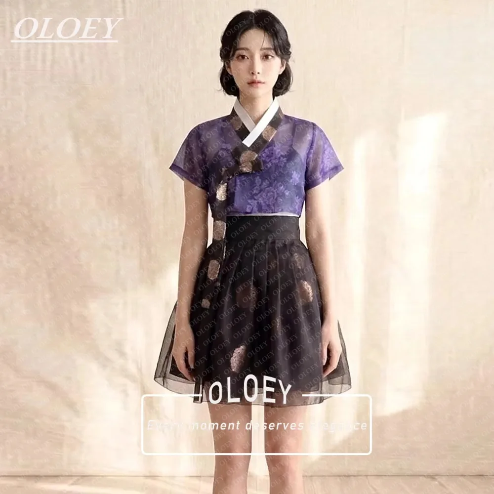 OLOEY Vintage Short Hanbok Korean Performance Short Prom Dress 3 PCS Short Sleeves Top Organza Satin Mini Skirt Customized