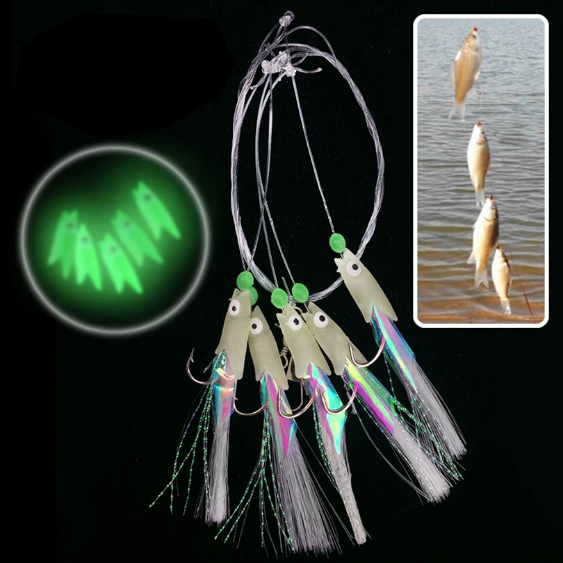 5 In 1 Luminous Sabiki Soft Fishing Lure Hook 1/0# 1# 2# 3# 4# Fishing String Hook During Dark Night Fishing Tackles