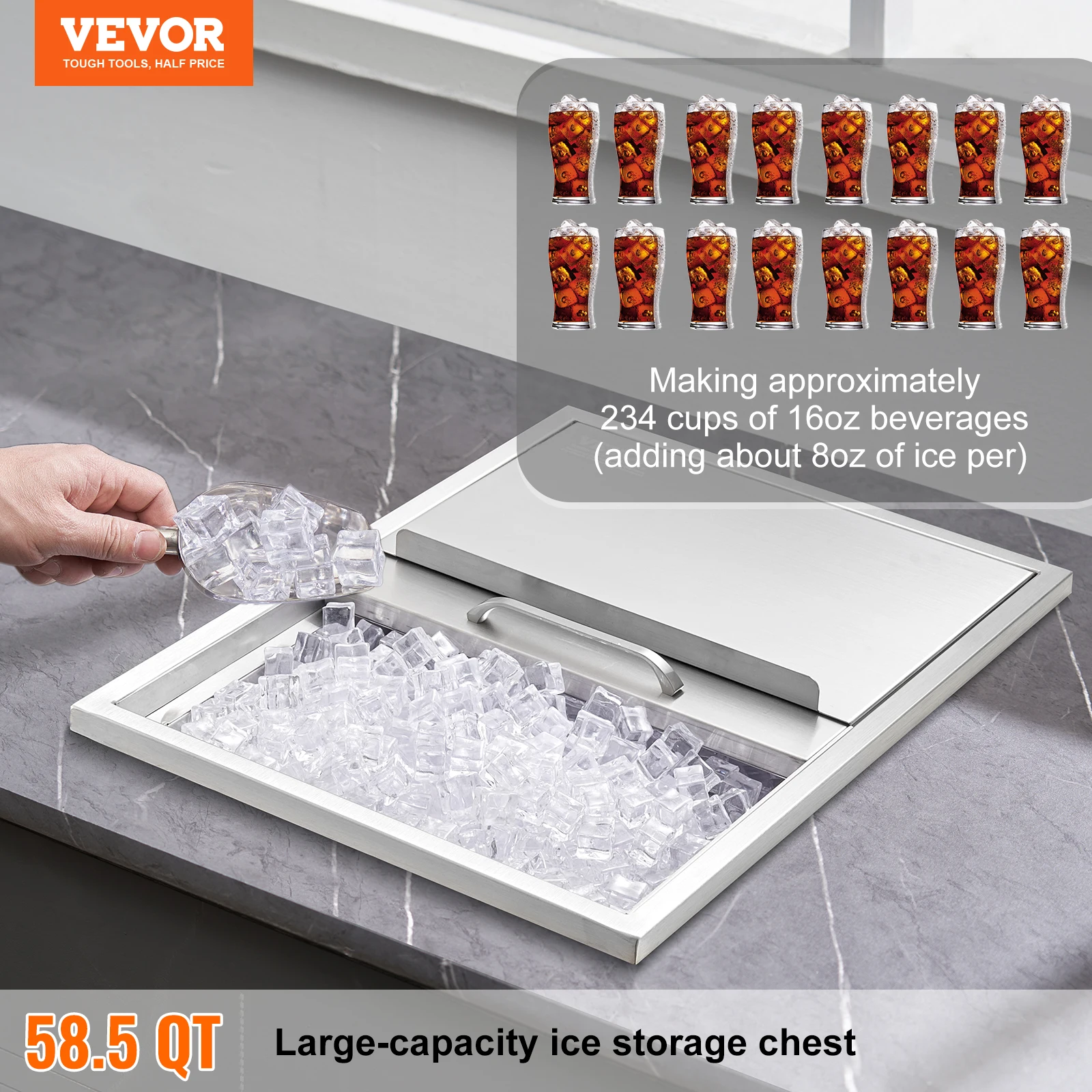 VEVOR Bandeja de Hielo Empotrada 55,23 L 608x457x333 mm Caja de Hielo Aislada con Tapa de Acero Inoxidable Conservador de Cubitos de Hielo para Bebidas Cervezas Frías Cocina al Aire Libre Bar Hogar