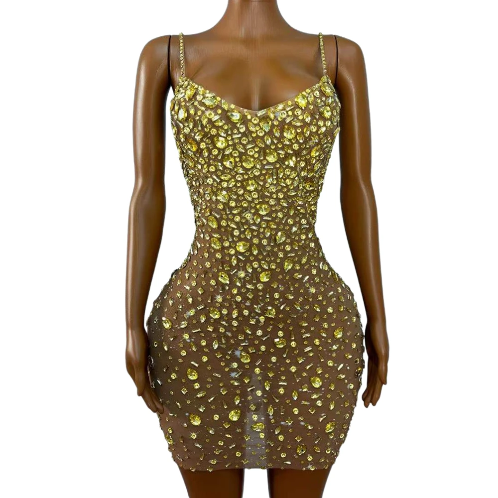 

Sparkly Rhinestones Slip Short Dress for Women Sexy Mesh See Through Evening Prom Celebrate Birthday Dress Photo Shoot Wear