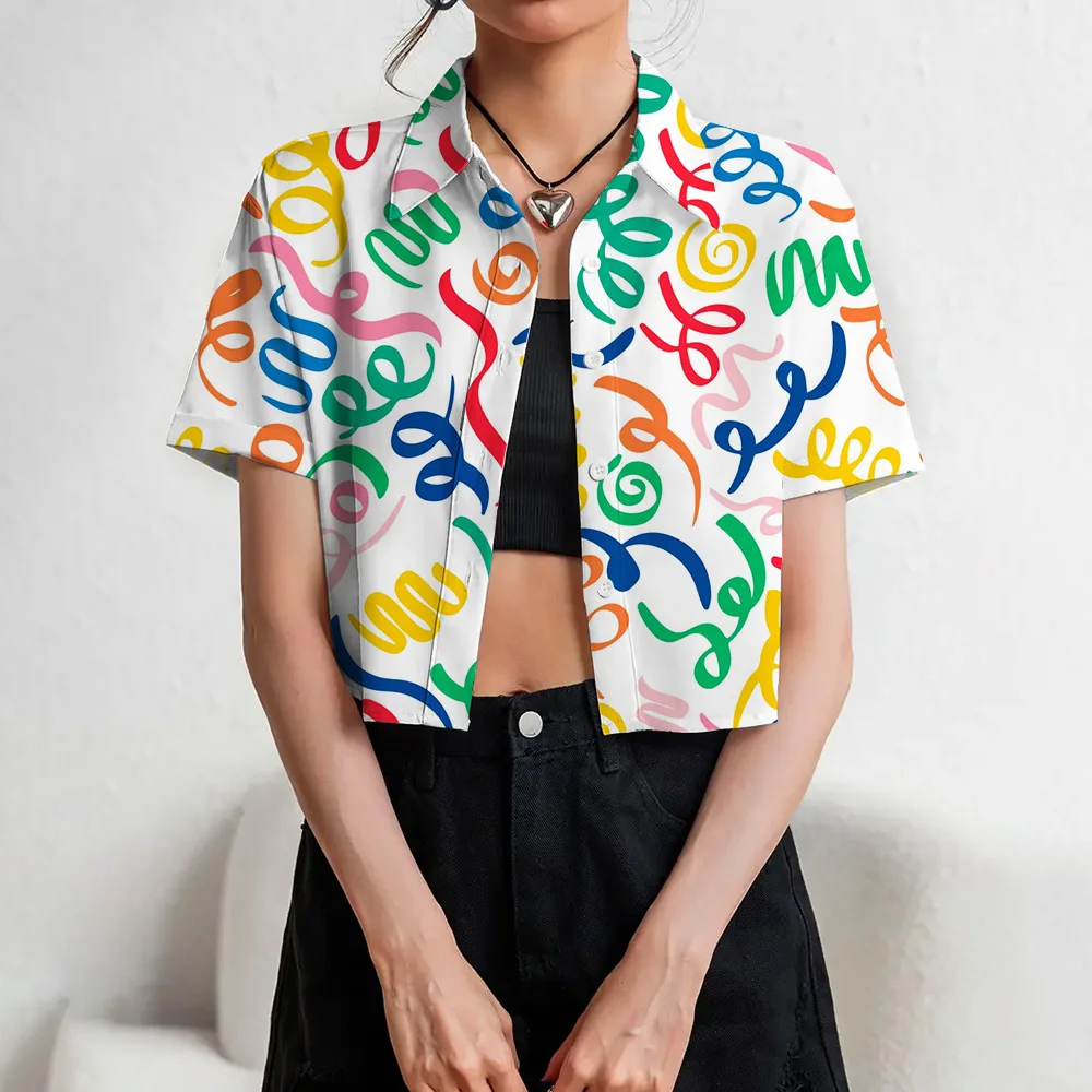 Graffiti-Print Hip-Hop-Stil Crop-Tops für Jugend Damen Revers Knopf Hemden Mode Straße Nabel ausgesetzt Turn-Down-Kragen Hemden