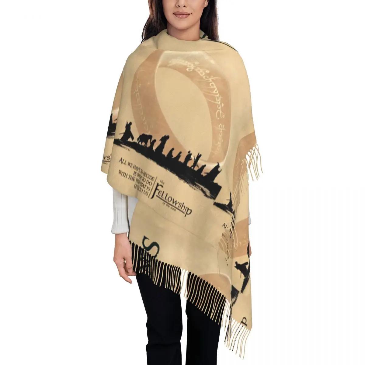 L-Lords Of The R-Rings Scarf with Long Tassel Outdoor Shawl Wrap Women Custom DIY Scarves Wraps Autumn Popular Foulard