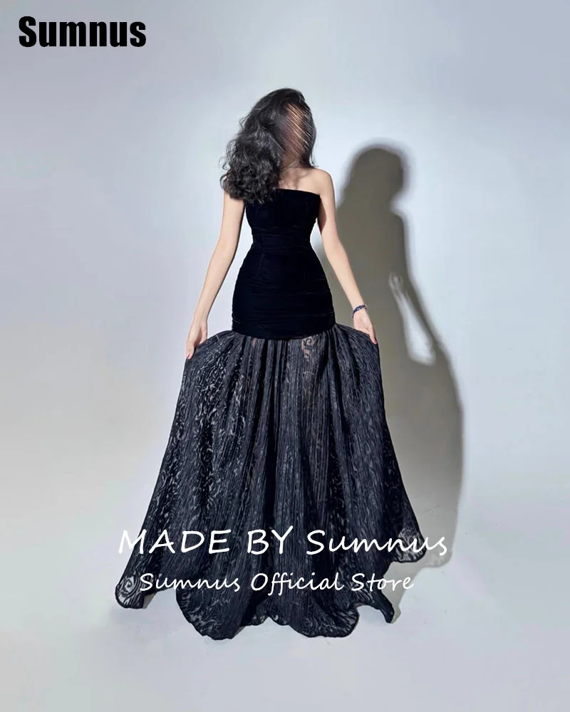 Sumnus Mermaid Black Velour Prom Dresses Elegant Lace Strapless Evening Dress Floor Length Sleeveless Formal Gowns Customized