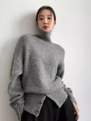 Grey High Neck Knitted Top With Women'S Autumn And Winter Button Design, Loose And Lazy Soft And Sticky Sweater