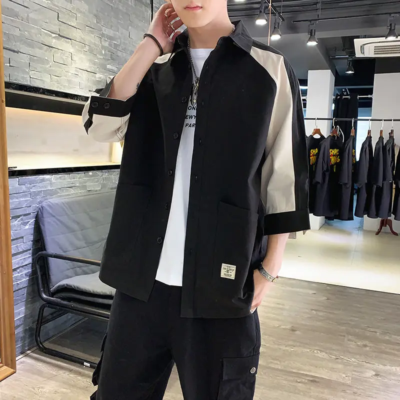 Sommer Casual Herren irt Haome Loose Seven-Viertel Sve Trendy Workwear ort Sve Open Cardigan Youth Faion