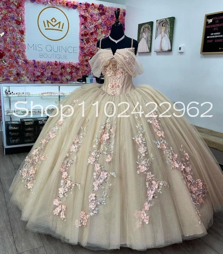 Champagne Gold Off Shoulder Quinceanera Dresses Gillter 3D Floral Applique Corset Puffy Tutu Skirt vestidos de xv brillosos