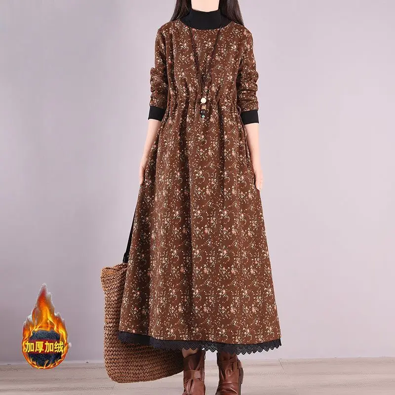 Autumn Winter Korean Style Floral Printed Long-sleeved Loose Fit Dress Fleece Lined Versatile Casual Warmth Dresses Elegant D750