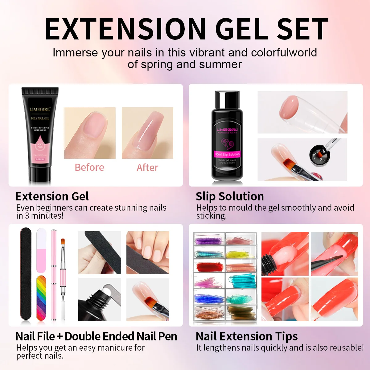 LIMEGIRLエクステンションネイルUVジェルポリッシュセット、ネイル用UVポリアクリルニスキット、マニキュアセット、144個のクイックビルディングモールド付き