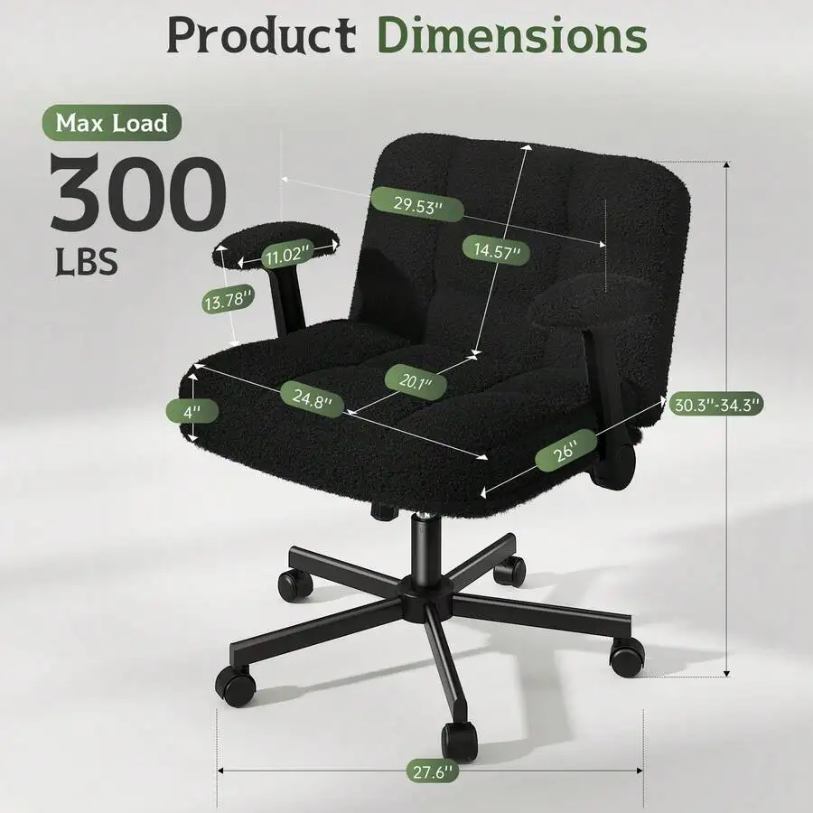 Criss Cross Chair With Wheels And Flip-Up Arms, Adjustable Height Home Office Chair Plush Fabric, For Bedroom, Apartment, Black