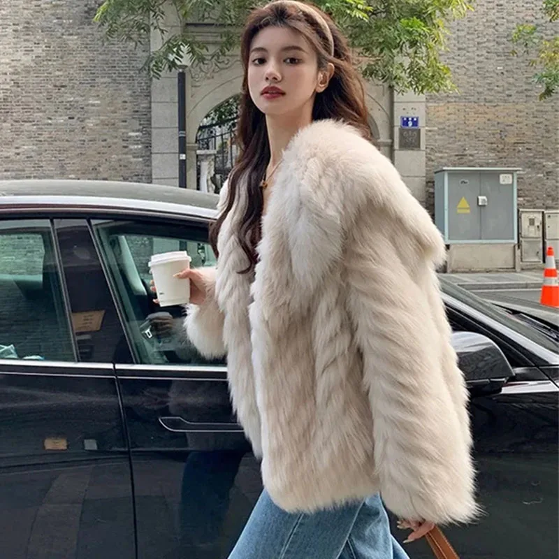 الكورية الإناث الترفيه فو الفراء سترة الخريف الشتاء السيدات طويلة الأكمام الفراء القمم معطف 2025 الراقية المرأة موضة أفخم أبلى
