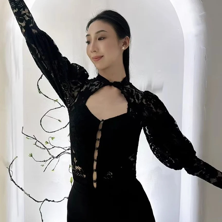 2025 dentelle noire évider haut de danse latine femmes salle de bal danse pratique Performance Costume Rumba valse danse vêtements BL15833