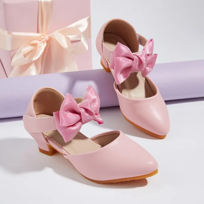 Summer Girl Small-heel Hollow Princess Shoe Kid Soft-soled Mary Jane Buckle Casual Shoe Children Pointed-toe Bow Slip-on Sandals
