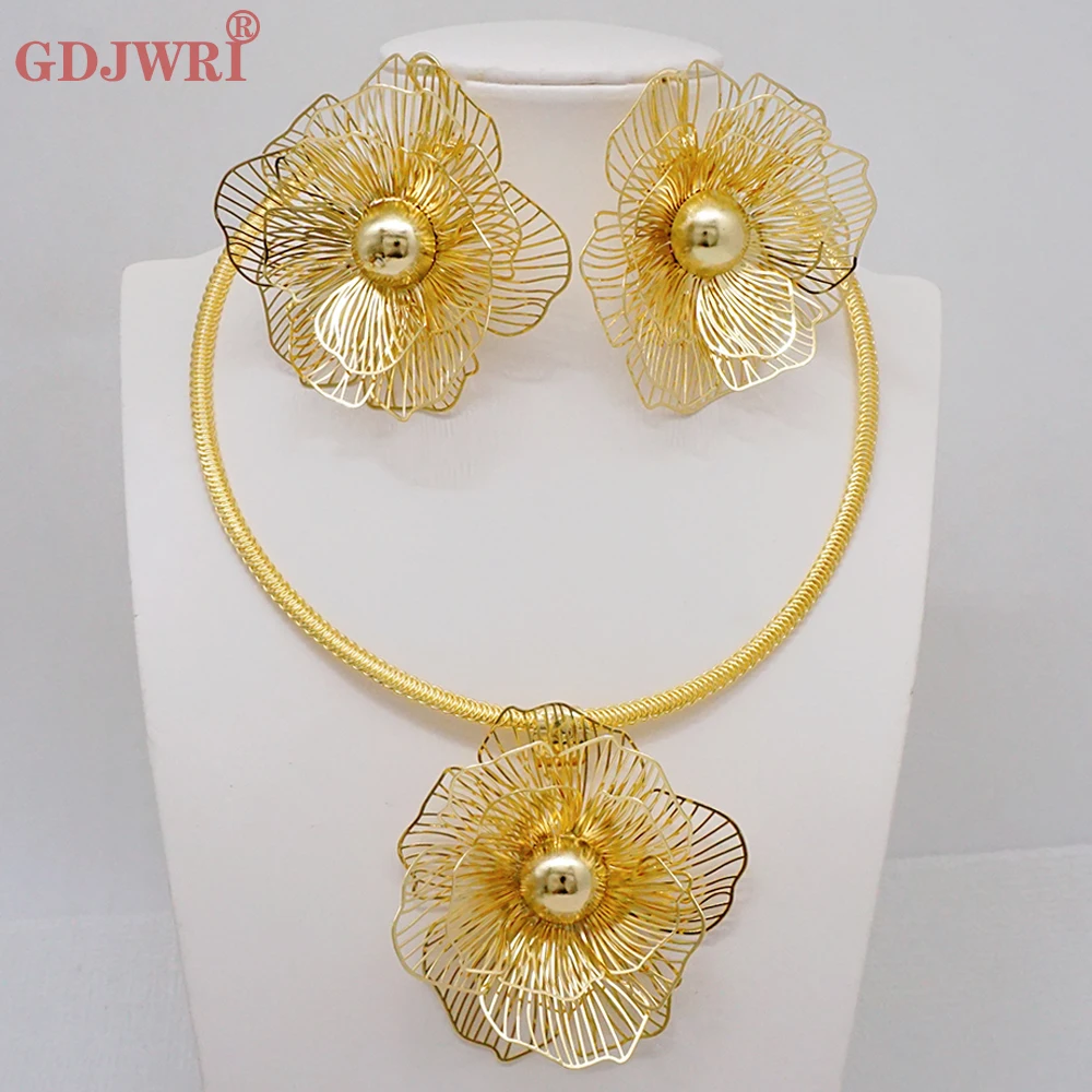 Dubai Jewelry Sets For Women Big Flower Drop Earrings & Pendant Necklace 2Pcs Set Nigeria Bridal Weddings Party Accessory Gifts