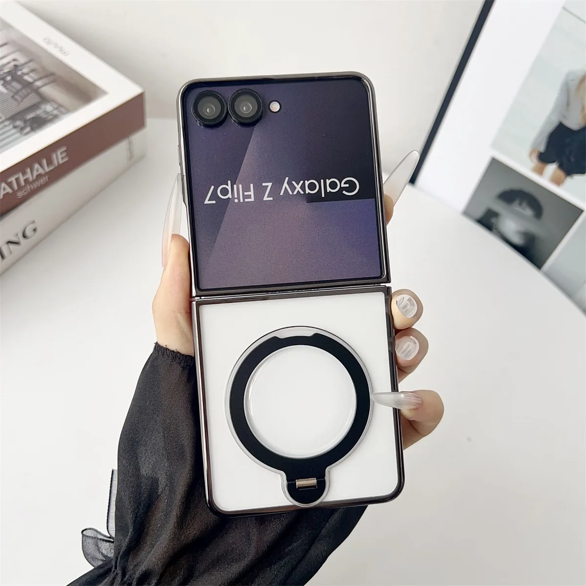 360 Rotation Ring Holder Phone Case for Samsung Galaxy Z Flip 8 7 6 5 4 Flip7 FE Electroplating Clear Magnetic for Magsafe Cover