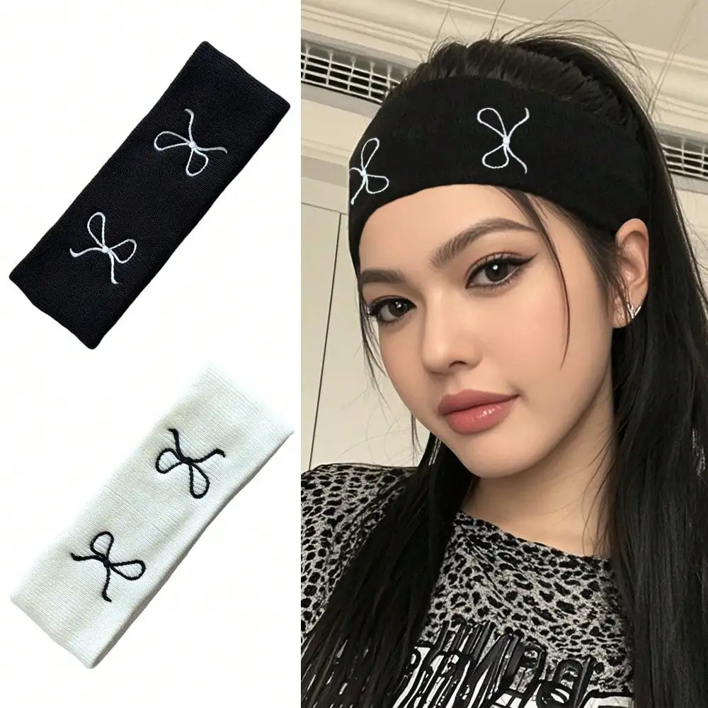 New Bow Embroidery Knitted Wool Simple Fashion Versatile Go Out Sports Fitness Sweat Elastic Headband Women