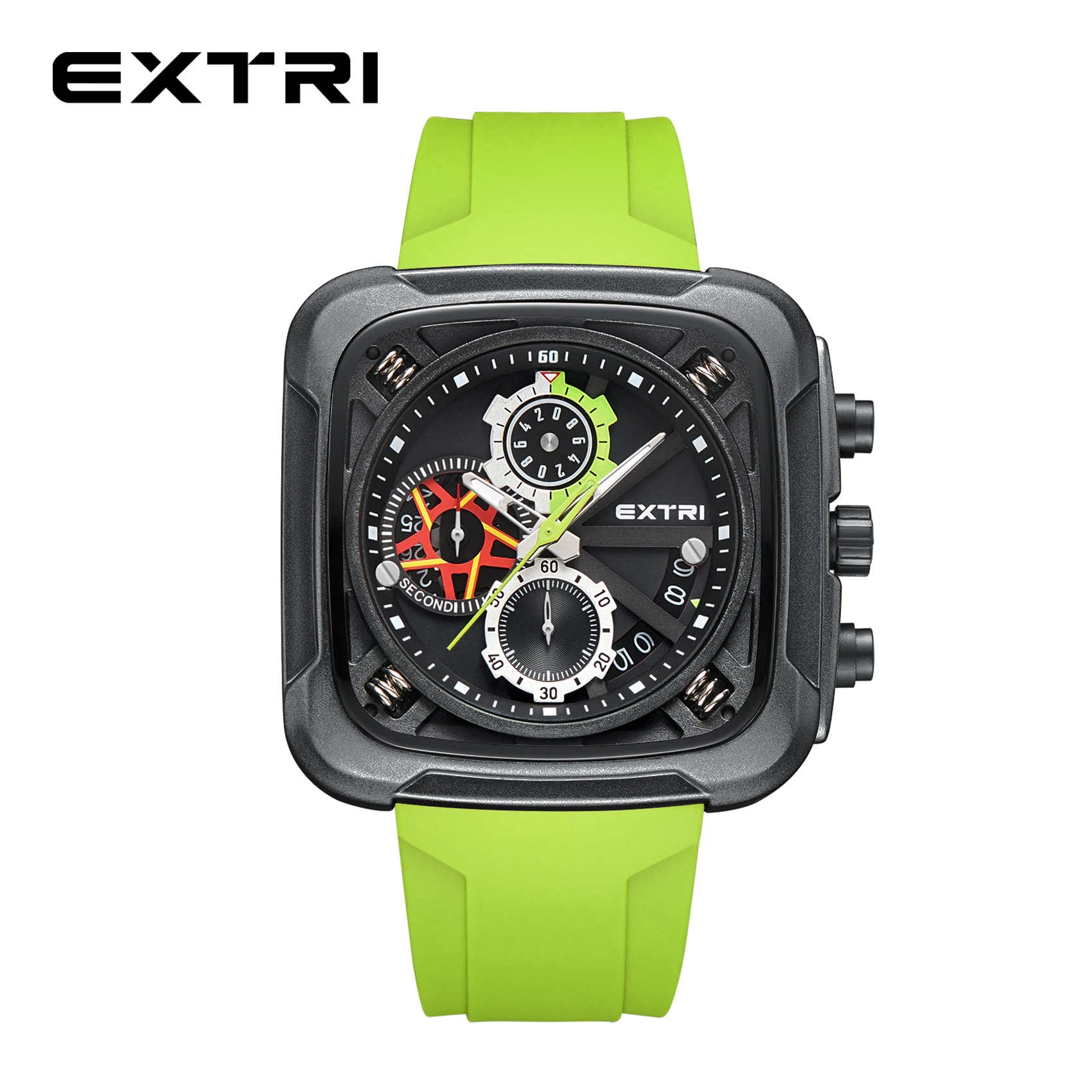 Extri Cool Design Stainless Steel Back Chronograph Men\'s High Quality Luxury Square Silicone Watches