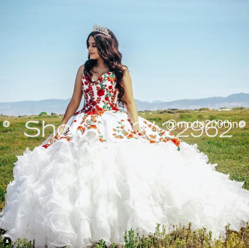 Princesa Quinceanera branco babados vestido, espartilho floral bordado lantejoulas brilhante, Charro Bestidos, 15 anos