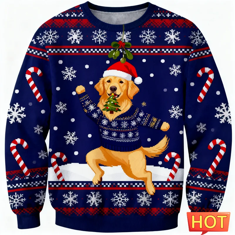 2026 جديد الذهبي المسترد الرسم القبيح عيد الميلاد سترة موضة لطيف الكلب ثلاثية الأبعاد مطبوعة عيد الميلاد بلوزات فضفاضة الشارع الشهير البلوفرات #2