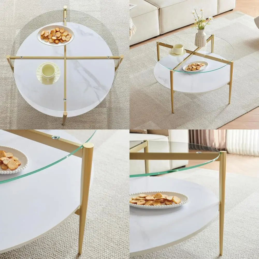 

Круглый белый деревянный двухъярусный журнальный столик со стеклянной столешницей для гостиной, диаметр 30 с золотыми ножками