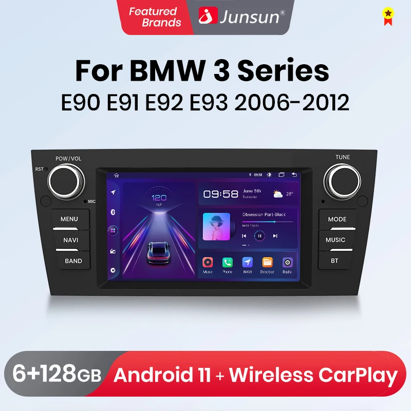 Junsun Wireless CarPlay Andorid 13 Auto Car Radio For  BMW 3 Series E90 E91 E92 E93 Multimedia GPS 4G Navi