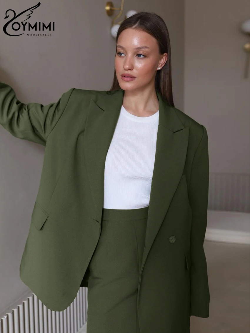 Oymimi Winter Loose Green Office Womens 2 Piece Outfit Set Fashion Long Sleeve Blazer With High Waist Long Skirts Set Female