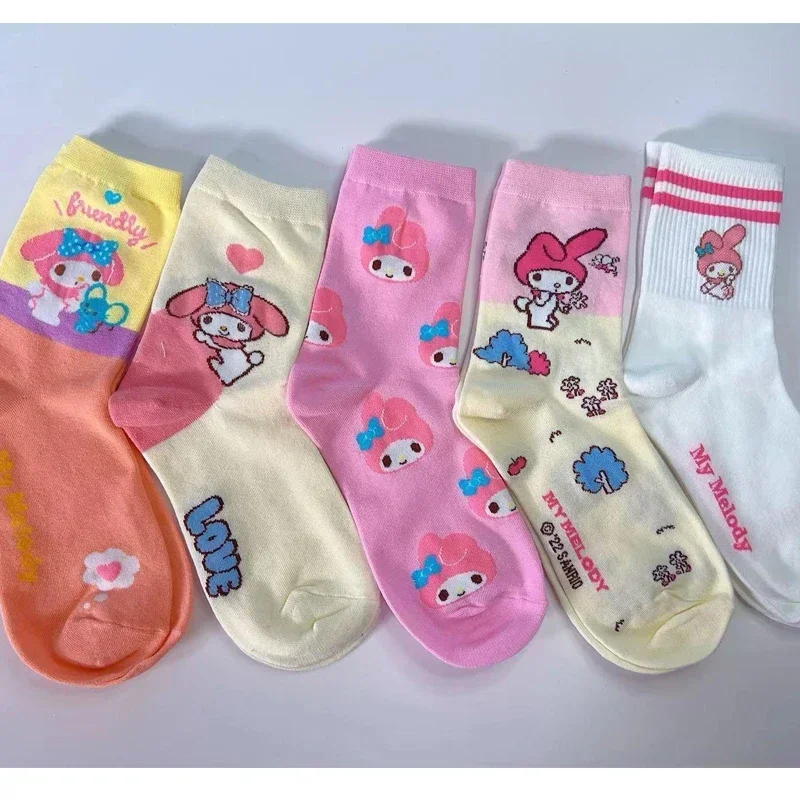 

5pairs Sanrio Mid-calf Cotton Socks Anime Hello Kitty Melody Cinnamoroll Long Tube Harajuku Keep Warm Casual Socks Girl Gift