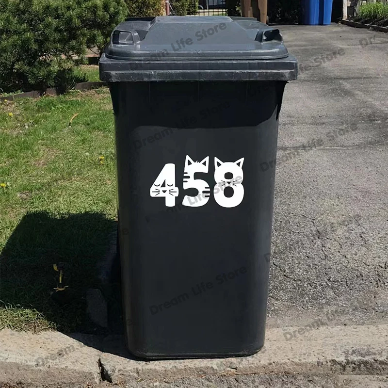 

3Pcs Custom Number Cute Cat Stickers for Trash Bin Personalized Street House Wheelie Bin Vinyl Decal Rubbish Sticker