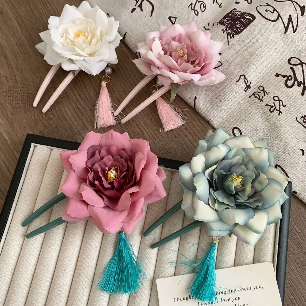 Flores simuladas en forma de U, peine para el cabello con borla, horquilla Hanfu, pinza para el cabello de flor de estilo chino con perlas, accesorios Hanfu