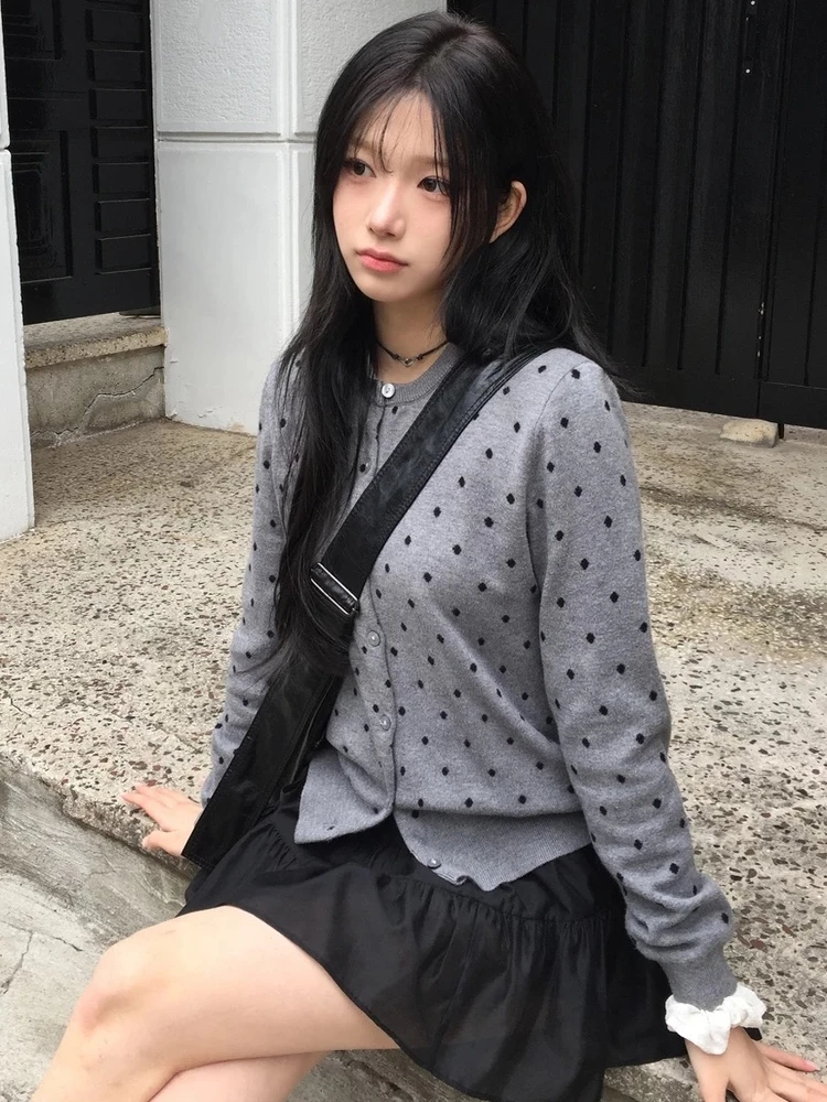 

Японский Sle Ретро Дизайн в горошек Двусторонний трикотажный открытый кардиган Универсальный универсальный осенне-зимний женский...