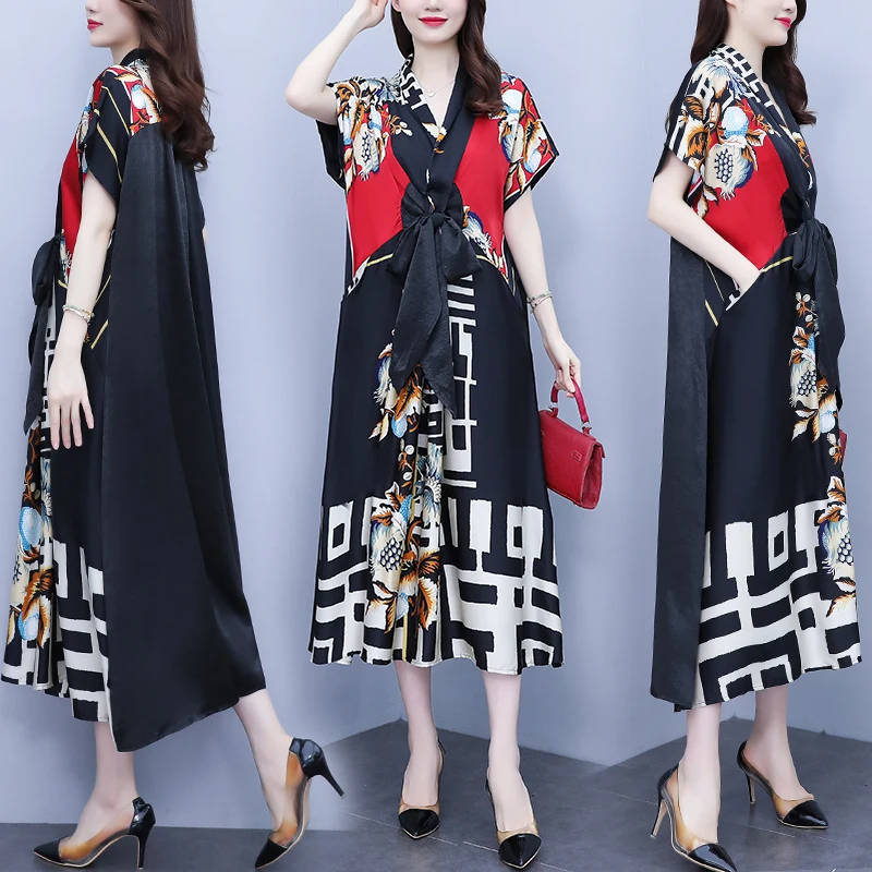 Summer 2023 New Fashionable Silk Short Sleeve Print Loose Fit Dress Summer V-Neck Retro Bat Sleeves Slim Over Knee Long Dress