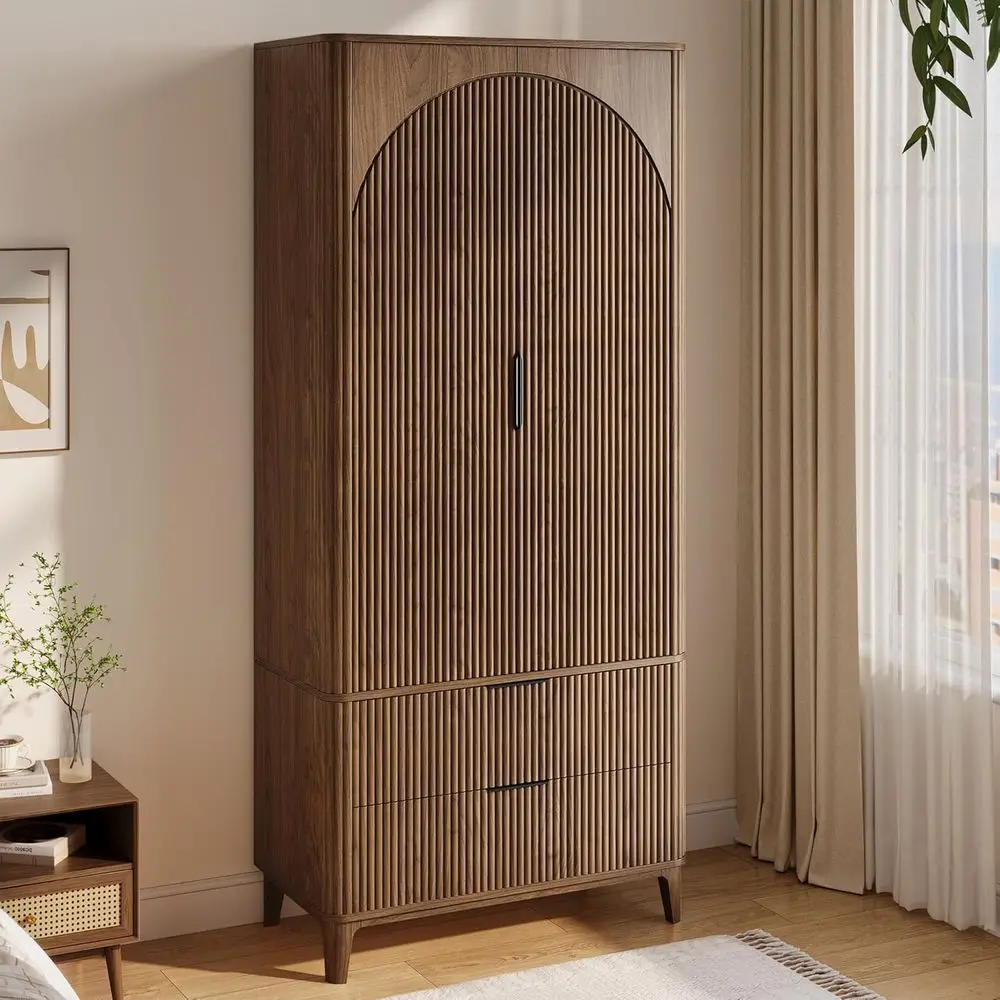 

70.1 Arched Wooden Wardrobe with Hanging Rod & Shelves, Bedroom Storage Cabinet