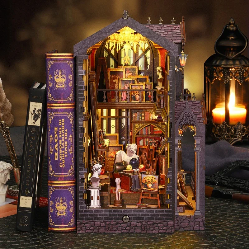 

Наборы миниатюрных моделей Wonder Studio Book Nook DIY Деревянная полка Вставка Комплект Книжная полка со светом Подставка для книг для друзей Подарки на день рождения