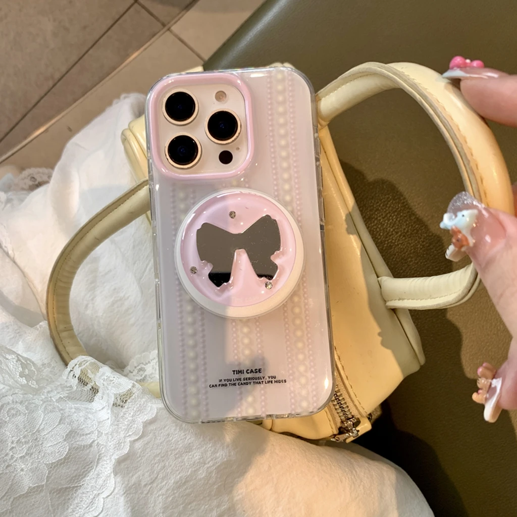 

Stylish Girl Series Pink Pearl Bowknot Mirror With Holder Magnetic Wireless Charging Phone Cover Case for iPhone 16 15 14 ProMax