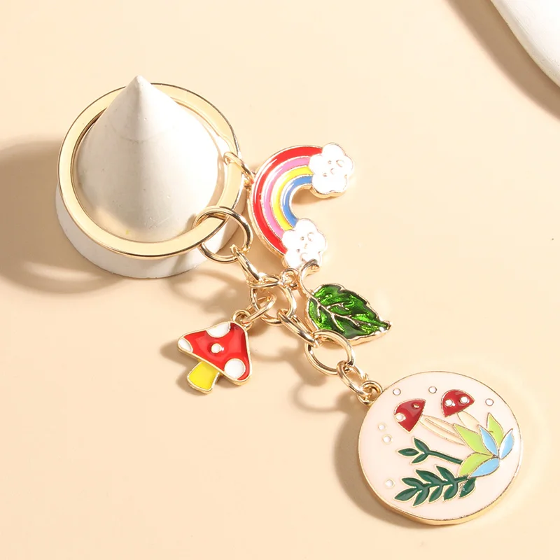 Lovely Enamel Keychains Rainbow Leaf Mushroom Flowers Key Rings Good Gift For Women Girls Handbag DIY Jewelry