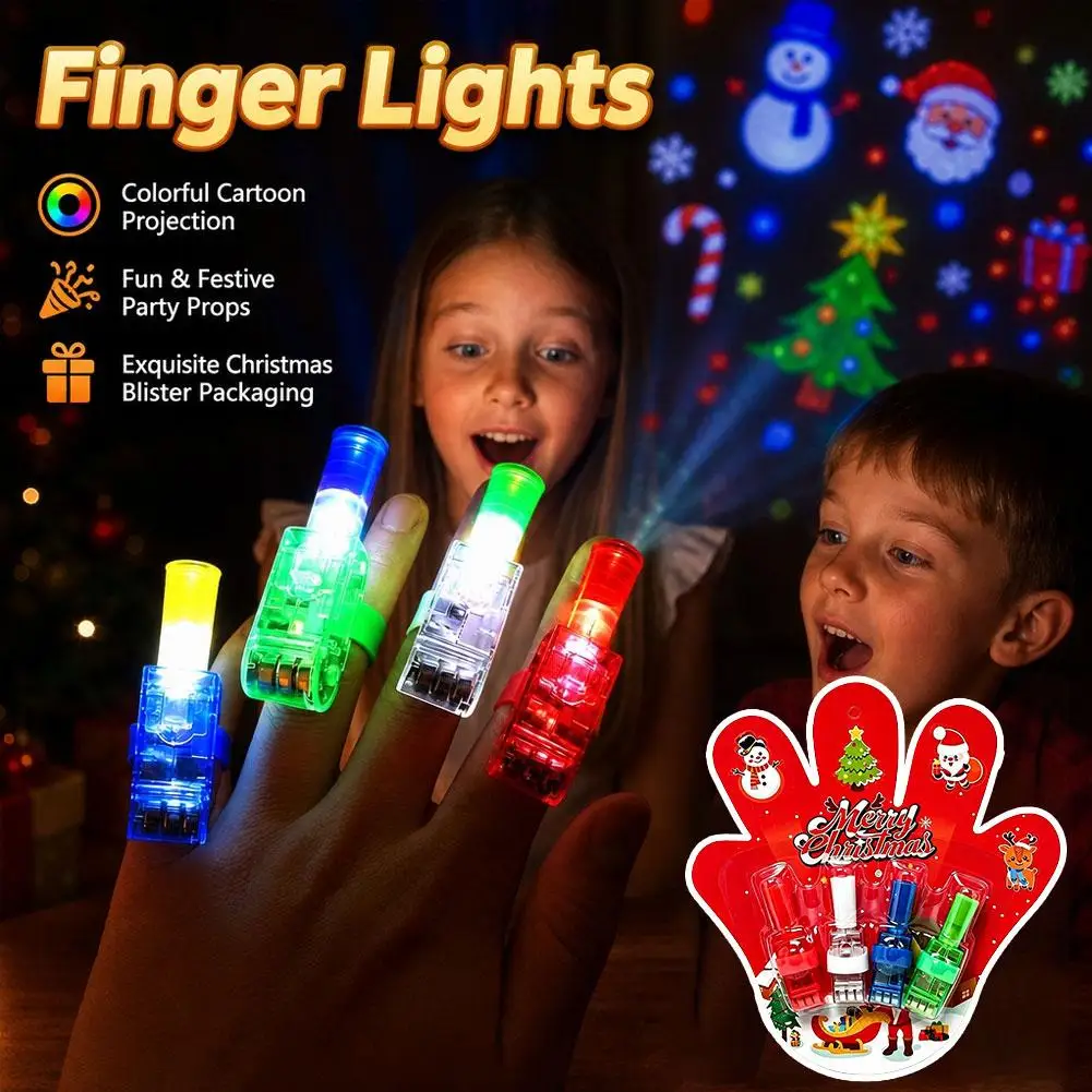 Kids Christmas LED Projection Finger Lights Colorful Cartoon Pattern Finger Lamp Fun Party Props for Holiday Entertainment Gift