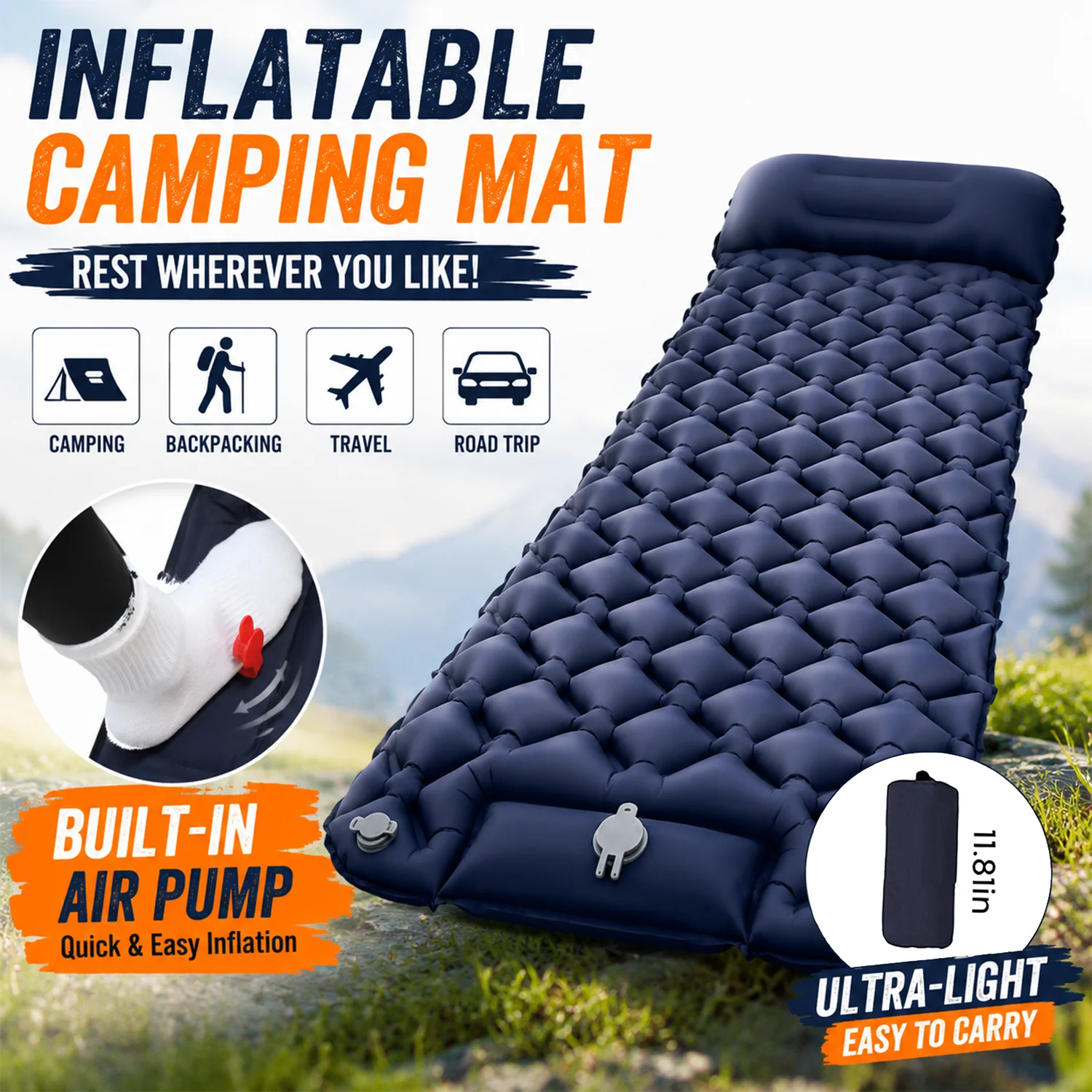 Image of Schlafmatte Einzel/Doppel Aufblasbare Camping-Luftmatratze mit Eingebauter Fußpumpe, Wabenförmige Wasserdichte Nylon-TPU-Matte, Integriertes Kissen & Aufbewahrungstasche für Outdoor-Camping und Reisen