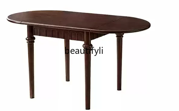 

French medieval style full solid wood dining table oval folding square table walnut wood retro table small apartment