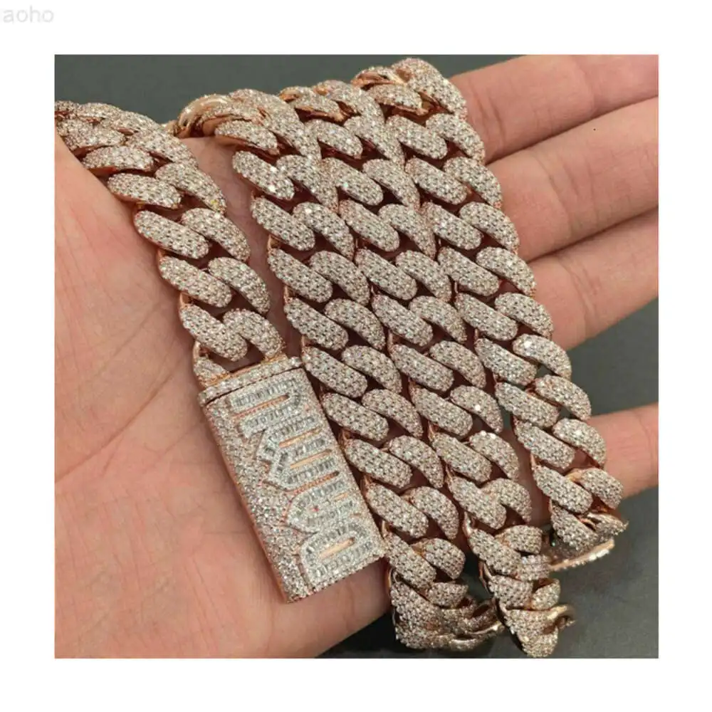 Custom Lock 14mm Miami Cuban Link Chain Vvs Moissanite Diamond Stubbed 925 Sterling Silver Rose Gold Plated 18-24